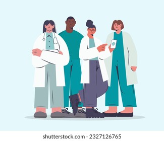 Council of doctors in hospital. Group of different doctors talking together, looking for ways to treat, discussing work. Healthcare concept. Flat vector illustration in blue colors