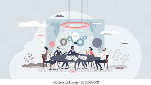 Council meeting and CEO head discussion and brainstorm tiny person concept. Headquarters leaders conversation about company future vector illustration. Business leaders talking in round table room.