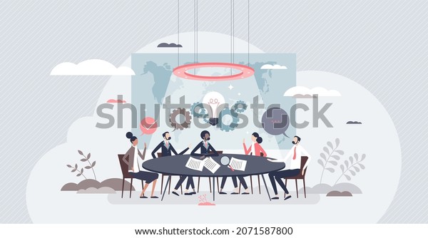 Council meeting and CEO head discussion and\
brainstorm tiny person concept. Headquarters leaders conversation\
about company future vector illustration. Business leaders talking\
in round table room.