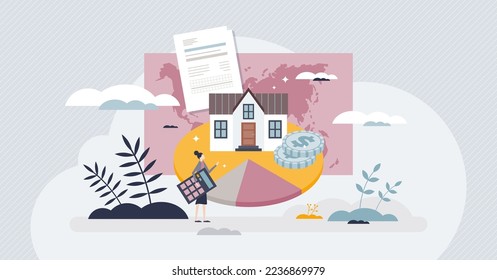 Council tax payment for as England local taxation system tiny person concept. Domestic property and real estate charge with government fee vector illustration. Personal money expenses for living.