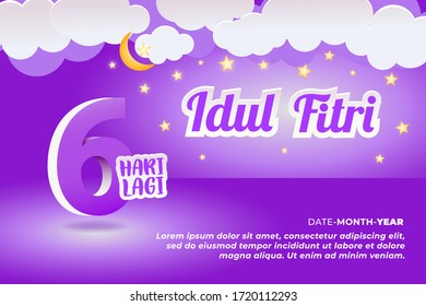 Coundownt 6 Day Celebrate Eid Mubarak with cloud, star and moon Ornament Purple Background, Vector Illustration EPS10. Web, Invitation, Flyer