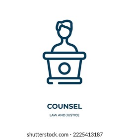 Icono del abogado. Ilustración lineal vectorial de la recopilación de leyes y justicia. Esquema del vector de icono del consejo. Símbolo de línea delgada para uso en aplicaciones web y móviles, logotipo, medios impresos.