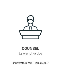 Icono de vector de esquema del abogado. Icono de asesoría negra en línea delgada, ilustración de elemento simple vector plano de la ley editable y concepto de justicia golpe aislado en fondo blanco