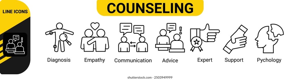 Counseling banner web icon vector illustration concept for counseling psychology and mental healthcare with an icon of diagnosis, empathy, communication, advice, expert, and support