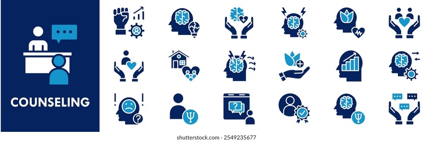Conjunto de colección de iconos de asesoramiento. Conteniendo asesoramiento de diseño, terapia, psicología, consulta, paciente, consejo