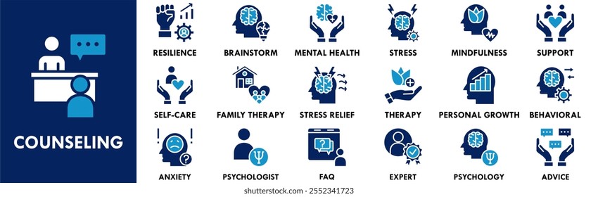 Counseling icon collection set. Containing design counseling, therapy, psychology, consultation, patient, advice