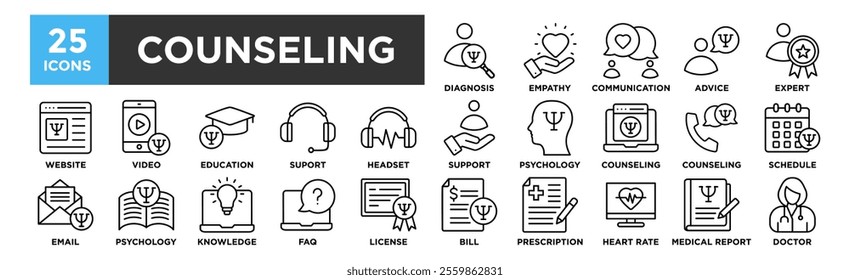 Counseling icon collection set. Containing design Diagnosis, Empathy, Communication, Advice, Expert