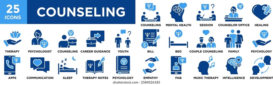 Counseling icon collection set. Containing design, Counseling, Mental Health Care, Therapy Session, Counselor Office, Emotional Healing