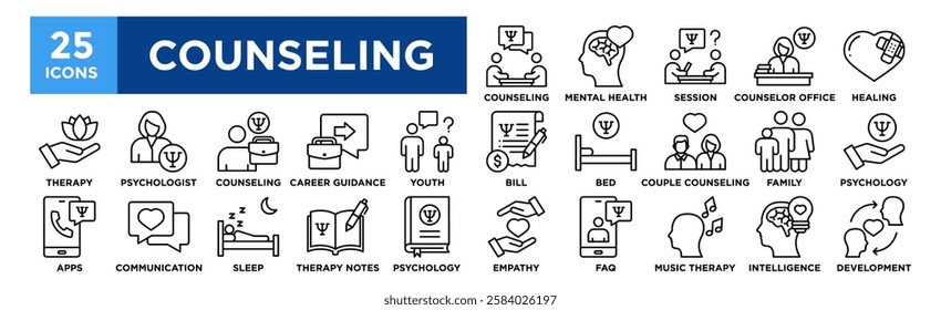 Counseling icon collection set. Containing design, Counseling, Mental Health Care, Therapy Session, Counselor Office, Emotional Healing