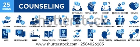 Counseling icon collection set. Containing design, Counseling, Mental Health Care, Therapy Session, Counselor Office, Emotional Healing
