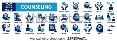Counseling icon collection set. Containing design counseling, therapy, psychology, consultation, patient, advice