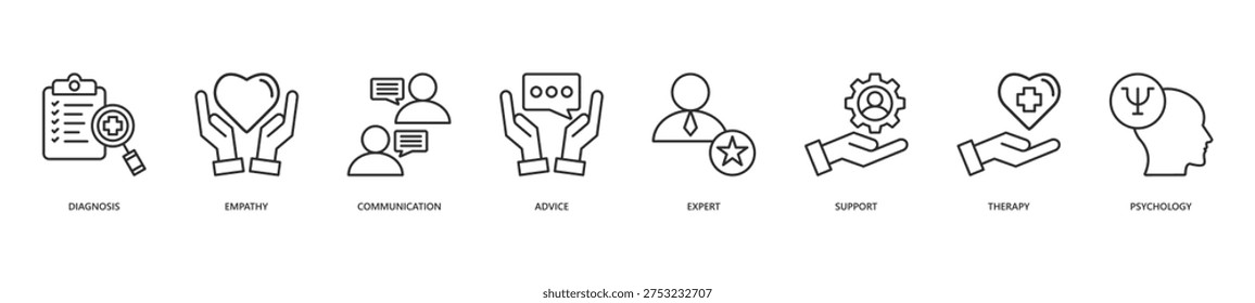 Counseling Icon Set. Icon set includes Diagnosis, Empathy, Communication, Advice, Expert, Support, Therapy, Psychology.