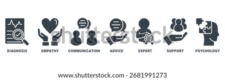 Counseling icon set vector concept with icon of diagnosis, empathy, communication, therapy, advice, expert, and support