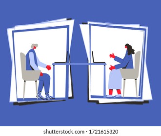 Counseling Online. Male Patient With Psychologist Or Psychotherapist Sitting At Laptop And Have Video Conference Talking About Depression, Family Problems. Couch Session. Vector Flat Illustration.