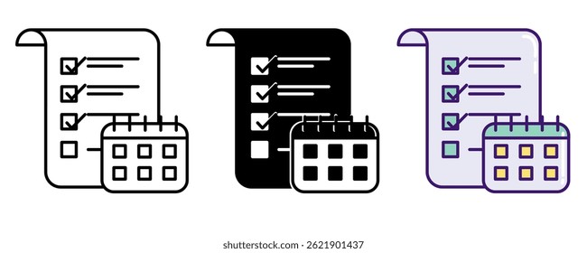Icono de Plan de asesoramiento representado por lista de verificación, línea de calendario, relleno, estilo de color.
