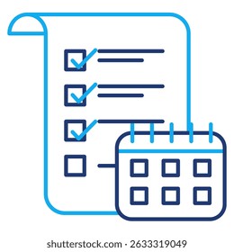 Icono de Plan de asesoramiento representado por lista de verificación, estilo de línea dual de calendario.