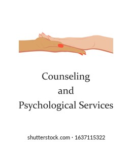 Counseling and Psychological Services logo, sign and illustration - Two touching female hands, a symbol of trust, help and support. For companies, clinics, sites, prints, advertising.