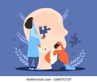 Counseling theraphy. Female medical character with puzzles piece symbols try to help teenager person with some mental issues. Psychotherapy concept. Vector flat cartoon illustration.