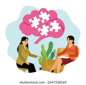 Counseling or therapy session. Psychiatrist in dialogue with patient during counseling session with speech bubbles.