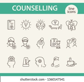 Counselling line icon set. Psi letter, hypnosis, cup of tea. Psychology concept. Can be used for topics like mental science, psychological help, assistance
