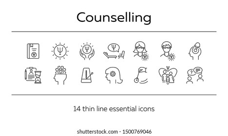 Counselling line icon set. Psi letter, hypnosis, cup of tea. Psychology concept. Can be used for topics like mental science, psychological help, assistance