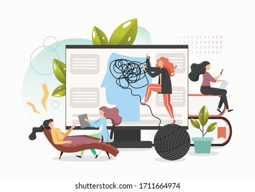 Counselling Or Psychotherapy Session, Vector Flat Illustration. Psychotherapist Talking To Woman Patient On Lounge Relax Chair. Individual Psychotherapy, Online Counseling, Psychiatry And Psychology.