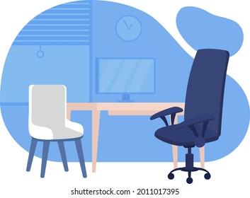 Counselling room in school 2D vector isolated illustration. Chairs and computer table flat objects on cartoon background. Helping visitors resolve problems. Psychotherapy office space colourful scene