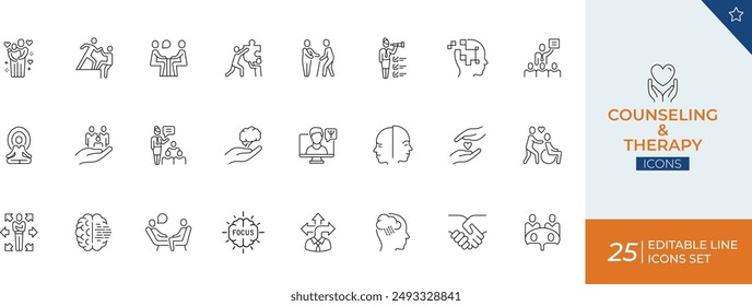 Counselling and Therapy Icons Editable Stroke" are a collection of customizable, line-based icons representing various aspects of mental health and therapy.