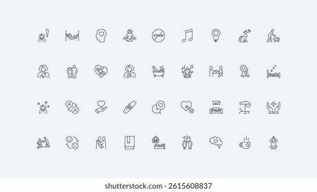 Counsellor, love and empathy heal depression, mind disorder thin black outline symbols vector illustration. Support and self assistance in stress, psychology therapy, wellbeing line icon set