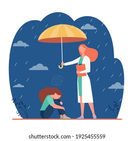 Counselor helping depressed client. Psychologist with umbrella above anxious woman. Flat vector illustration. Mental health, depression, anxiety concept for banner, website design or landing web page