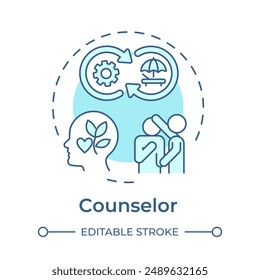 Counselor soft blue concept icon. Emotional support. Mentor role. Mental health and wellbeing. Round shape line illustration. Abstract idea. Graphic design. Easy to use in blog post