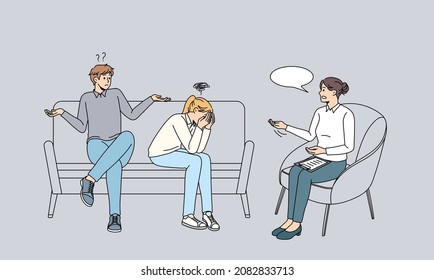 Counselor specialist talk speak with couple having fight or argument. Psychologist help give advice to unhappy spouses suffer from relation problem. Divorce, breakup. Vector illustration. 