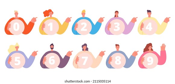 Count from 0 to 9. Happy people holding round banners with numbers. Study poster for kids with flat cartoon boys and girls. Numeral infographic vector characters