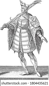 Count Aarnout, full-length, with a sword resting on his shoulder and a coat of arms with a lion climbing, vintage engraving.