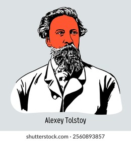 Count Alexey Konstantinovich Tolstoy is a Russian writer, poet and playwright, translator, satirist from the Tolstoy family. Author of lyric poems, poems and ballads. Hand-drawn vector illustration