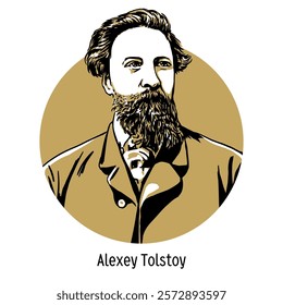 Count Alexey Konstantinovich Tolstoy is a Russian writer, poet and playwright, translator, satirist from the Tolstoy family. Author of lyric poems, poems and ballads. Hand-drawn vector illustration