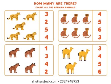Count all African animals and circle the correct answers. 