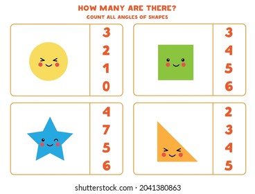 Count all angles of geometrical shapes and circle the correct answers. 