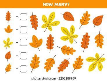 Count all autumn leaves and write the number into box. Math game for kids.