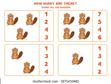 Count all beavers and circle the right answer. Math game for preschool kids.