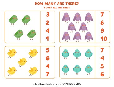 Count all birds and circle the correct answers. 