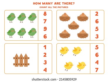 Count all birds and match with the correct number.