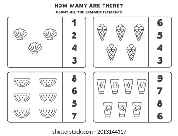 Count all black and white summer elements and circle the correct answers. Math game for kids.