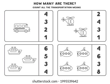 Count all black and white transportation means and circle the correct answers. Math game for kids.
