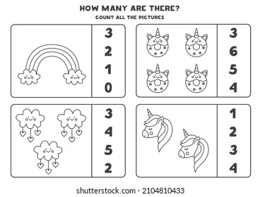 Count all black and white unicorn elements and circle the correct answers. 