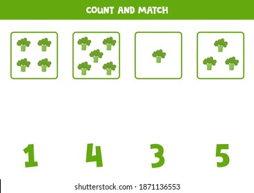 Count all broccolis and match with correct answer. Educational math game for kids.