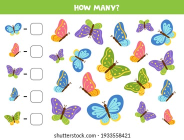 Count all butterflies and write the number into box. Math game for kids.