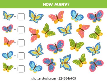 Count all butterflies and write the number into box. Math game for kids.
