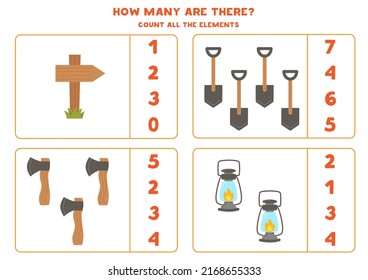 Count all camping elements and circle the correct answers. 