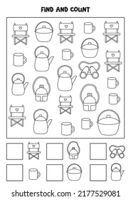 Count all camping elements and write the number into box. Black and white worksheet for kids.